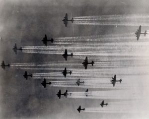 100th bomb group on way to target con. trails moderate  Sept 1944